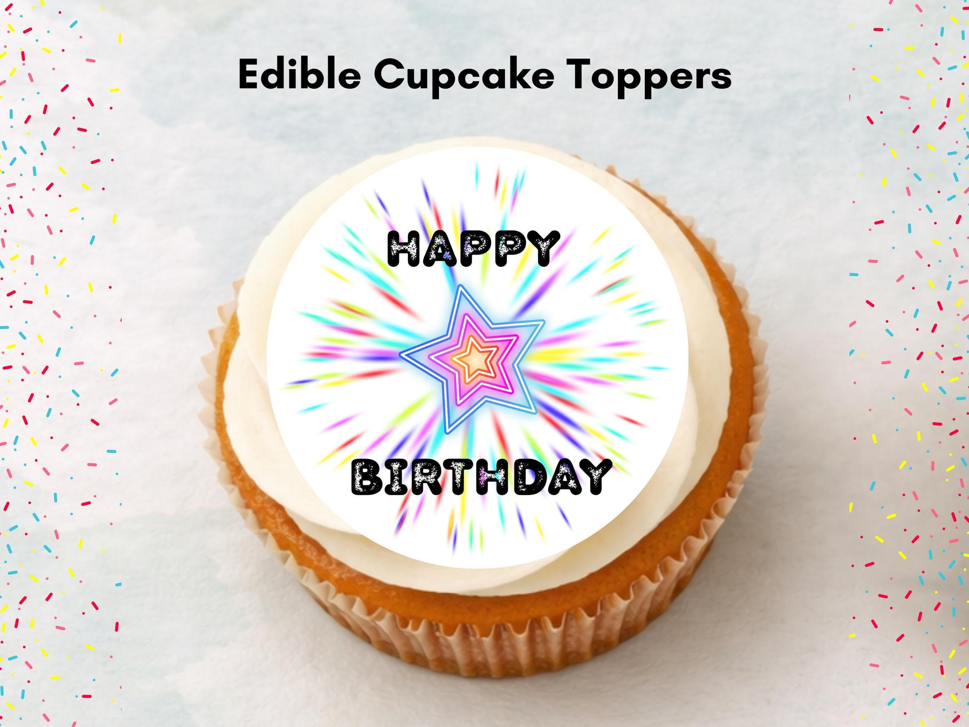 Neon Happy Birthday Edible Cupcake Toppers, Birthday Cake Decorations