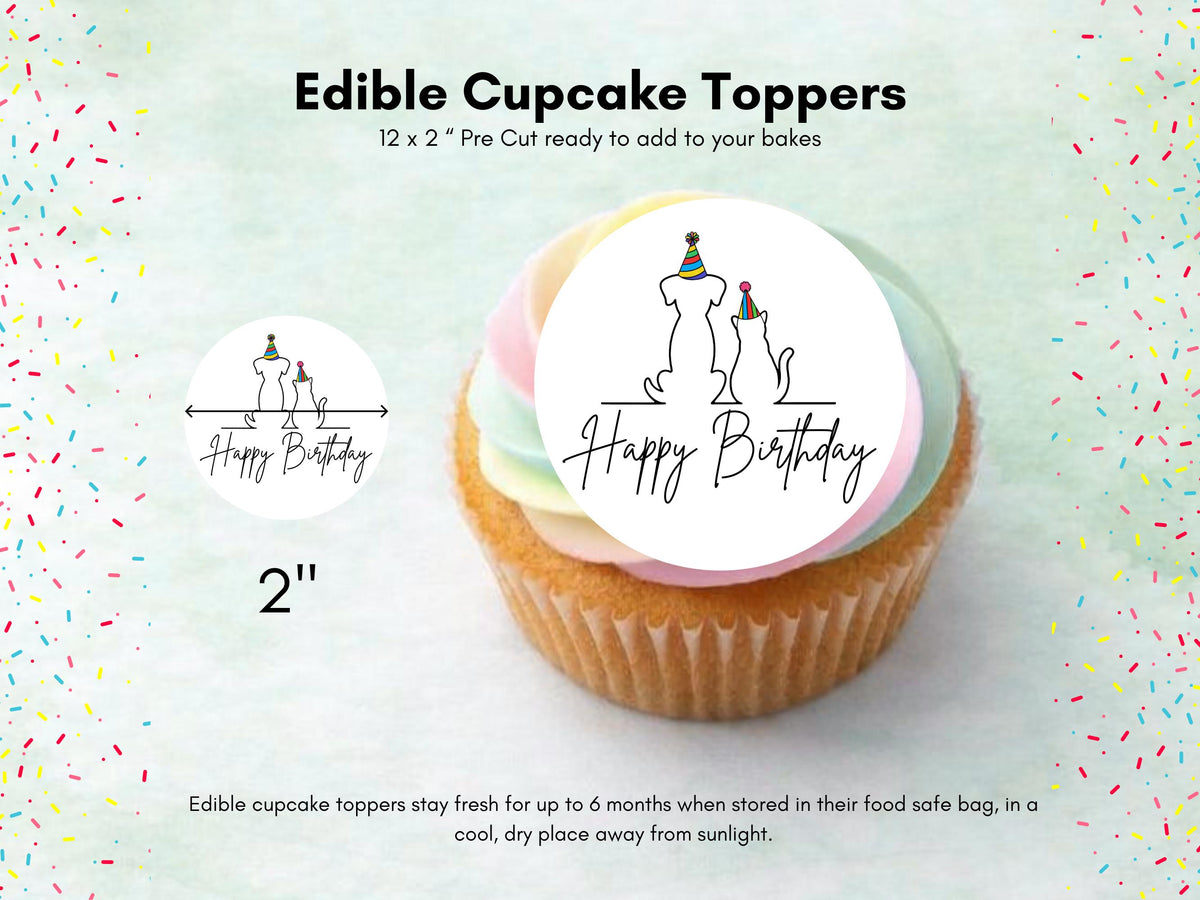 Cat & Dog Happy Birthday Edible Cupcake Toppers, Birthday Cake Decorations