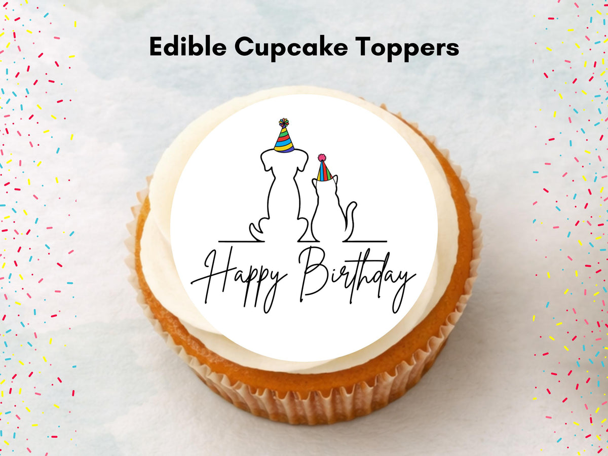 Cat & Dog Happy Birthday Edible Cupcake Toppers, Birthday Cake Decorations