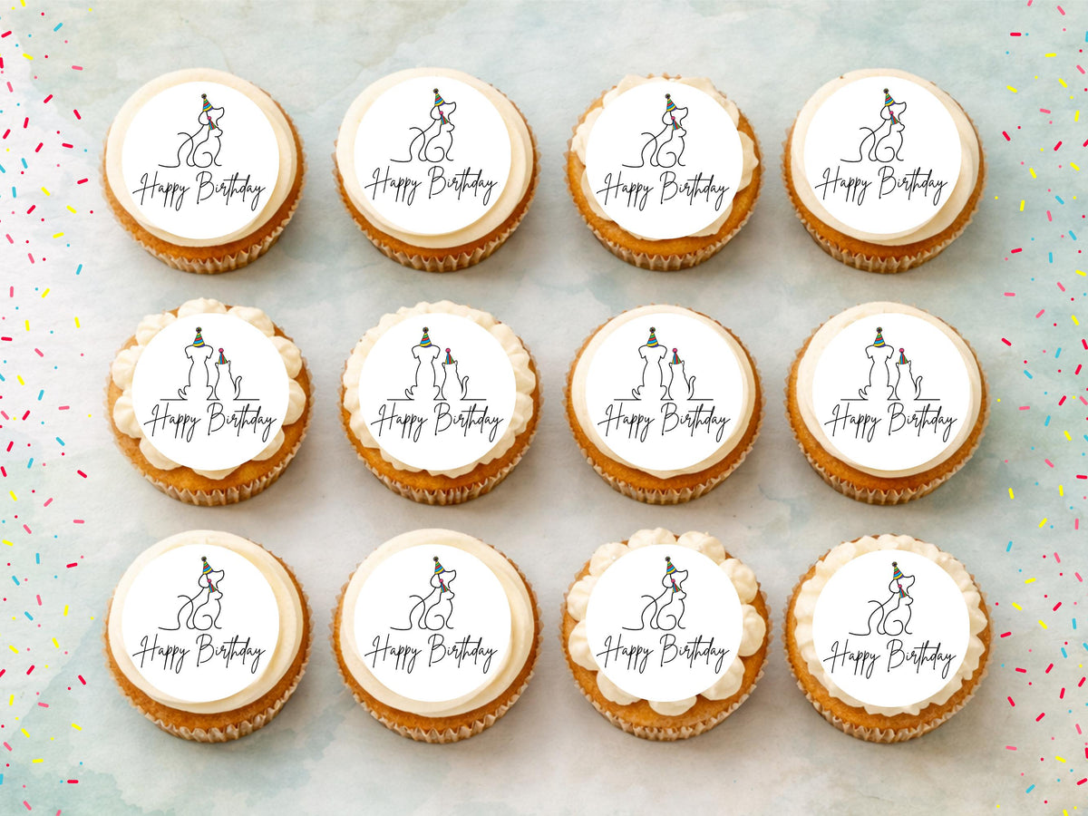 Cat & Dog Happy Birthday Edible Cupcake Toppers, Birthday Cake Decorations