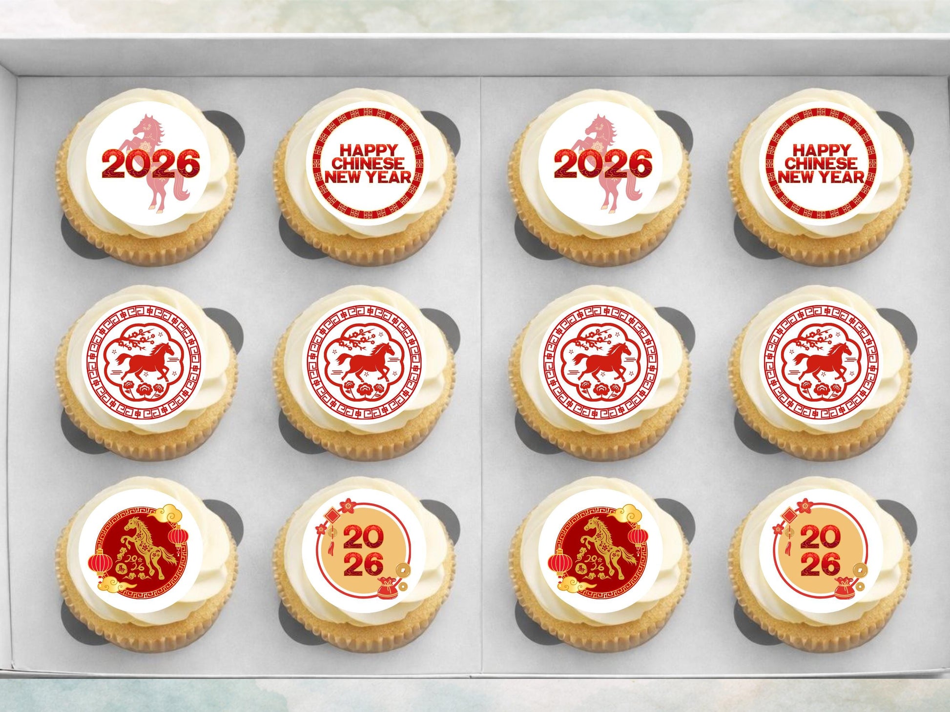 Chinese New Year Cupcake Toppers – Edible Wafer Paper, Card, Icing (12 x 2")