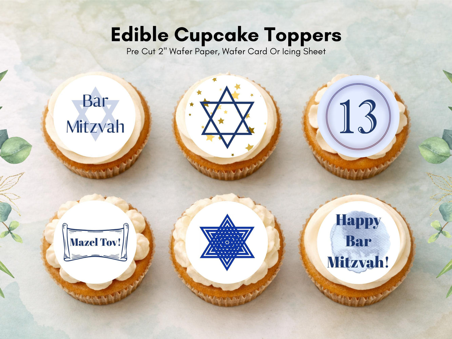 Bar Mitzvah Edible Cupcake Toppers – Pre-Cut 2" (Wafer Paper, Card, Icing Sheet)