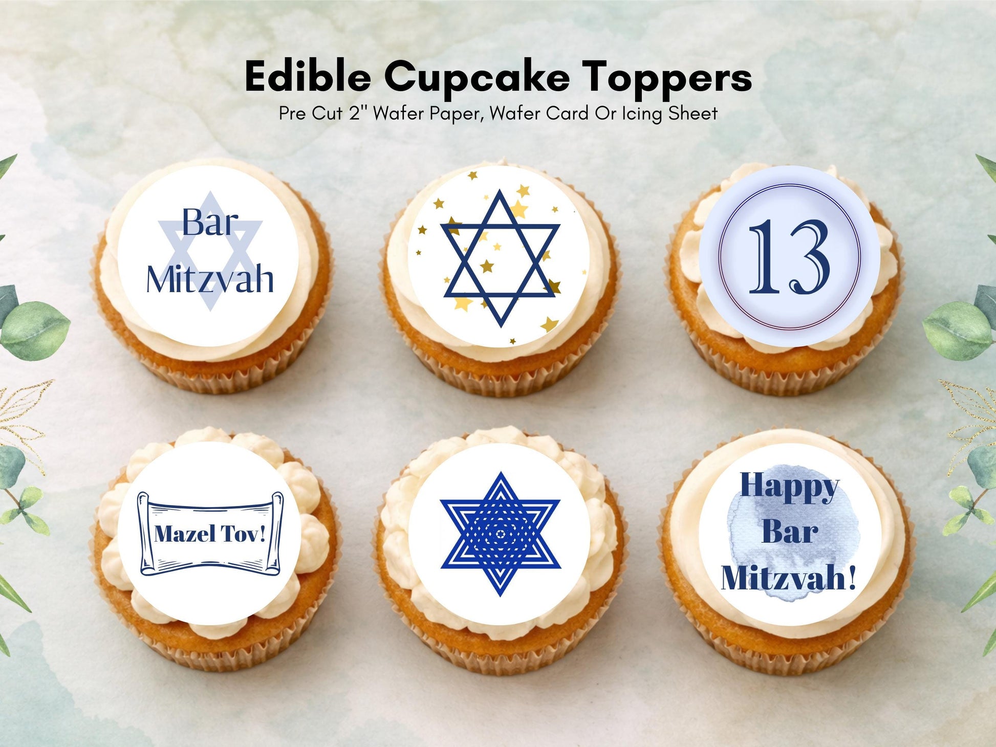 Bar Mitzvah Edible Cupcake Toppers – Pre-Cut 2" (Wafer Paper, Card, Icing Sheet)