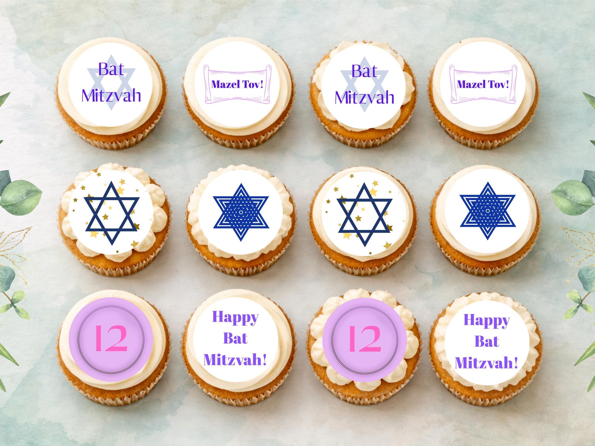 Bat Mitzvah Cupcake Toppers – Edible Wafer Paper, Icing Sheet