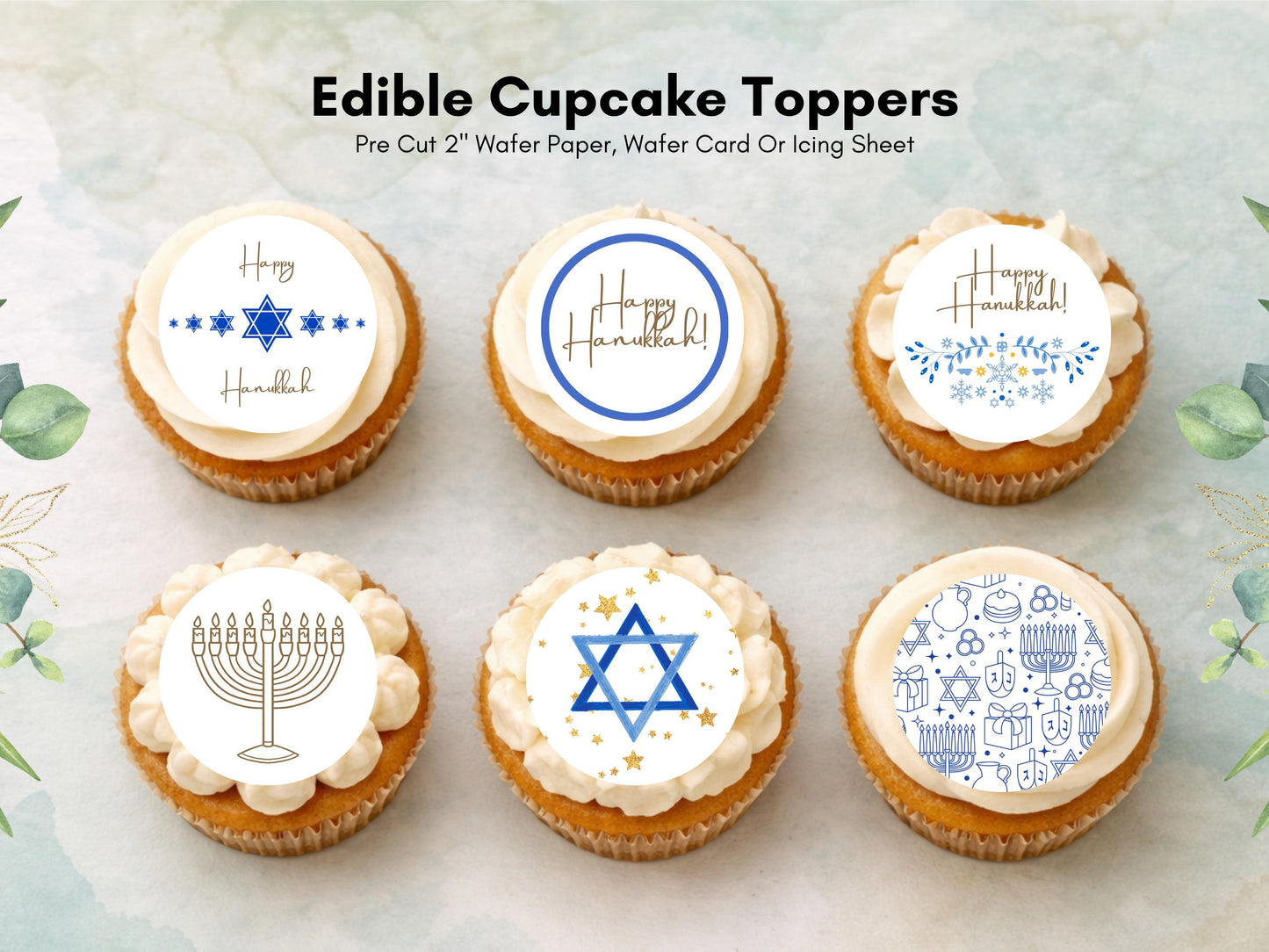Happy Hanukkah Edible Cupcake Toppers – Pre-Cut 2" Wafer Paper