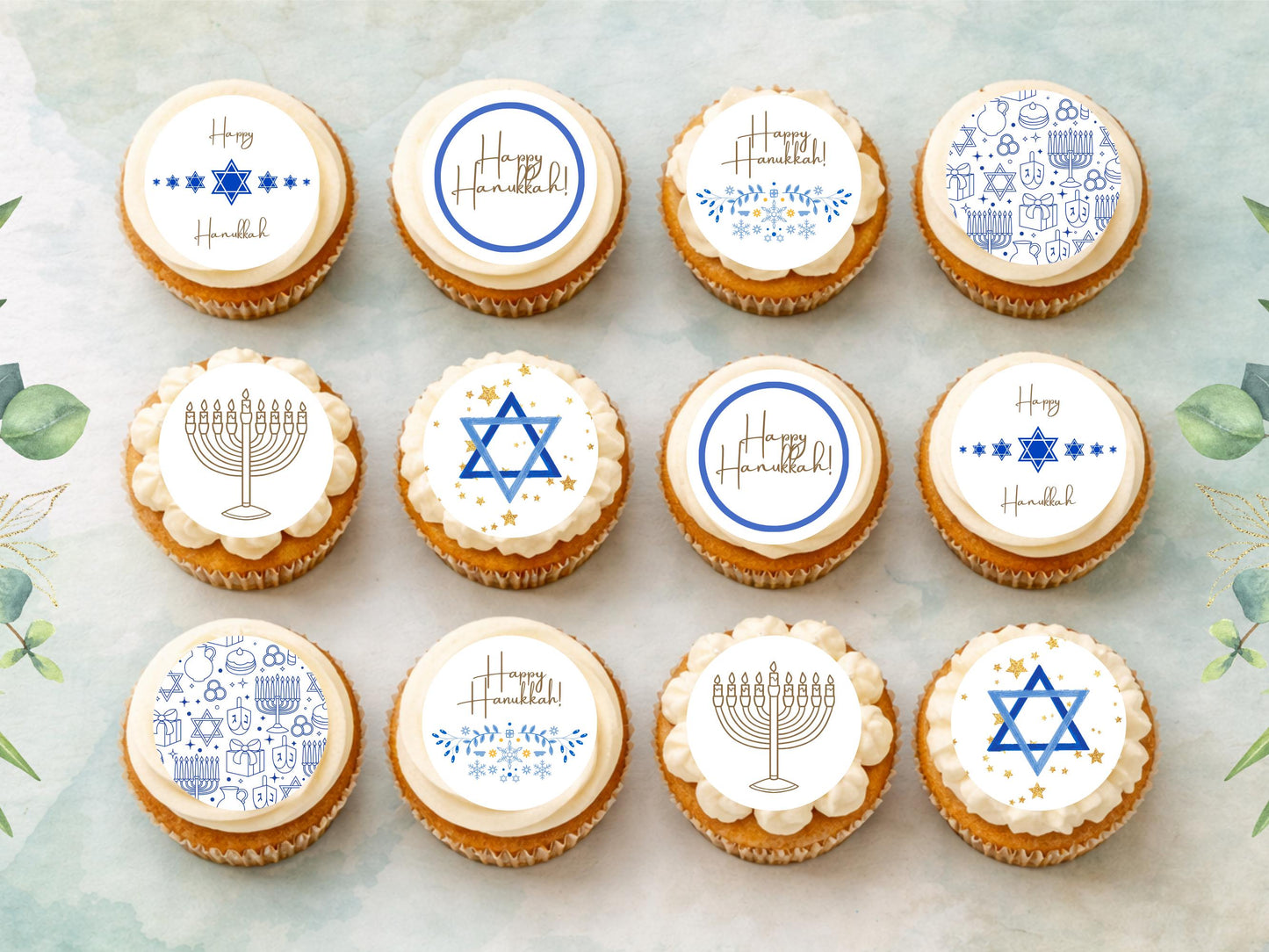 Happy Hanukkah Edible Cupcake Toppers – Pre-Cut 2" Wafer Paper
