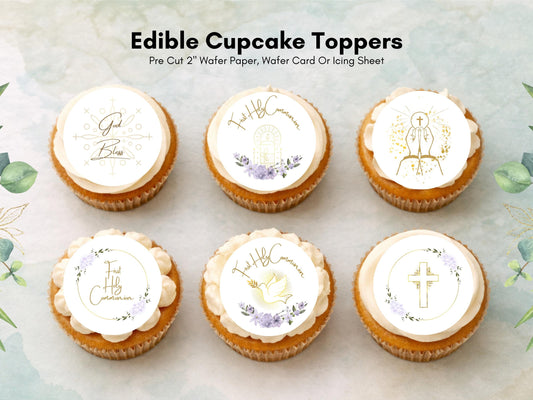 First Holy Communion Edible Cupcake Toppers – Wafer, Card, or Icing