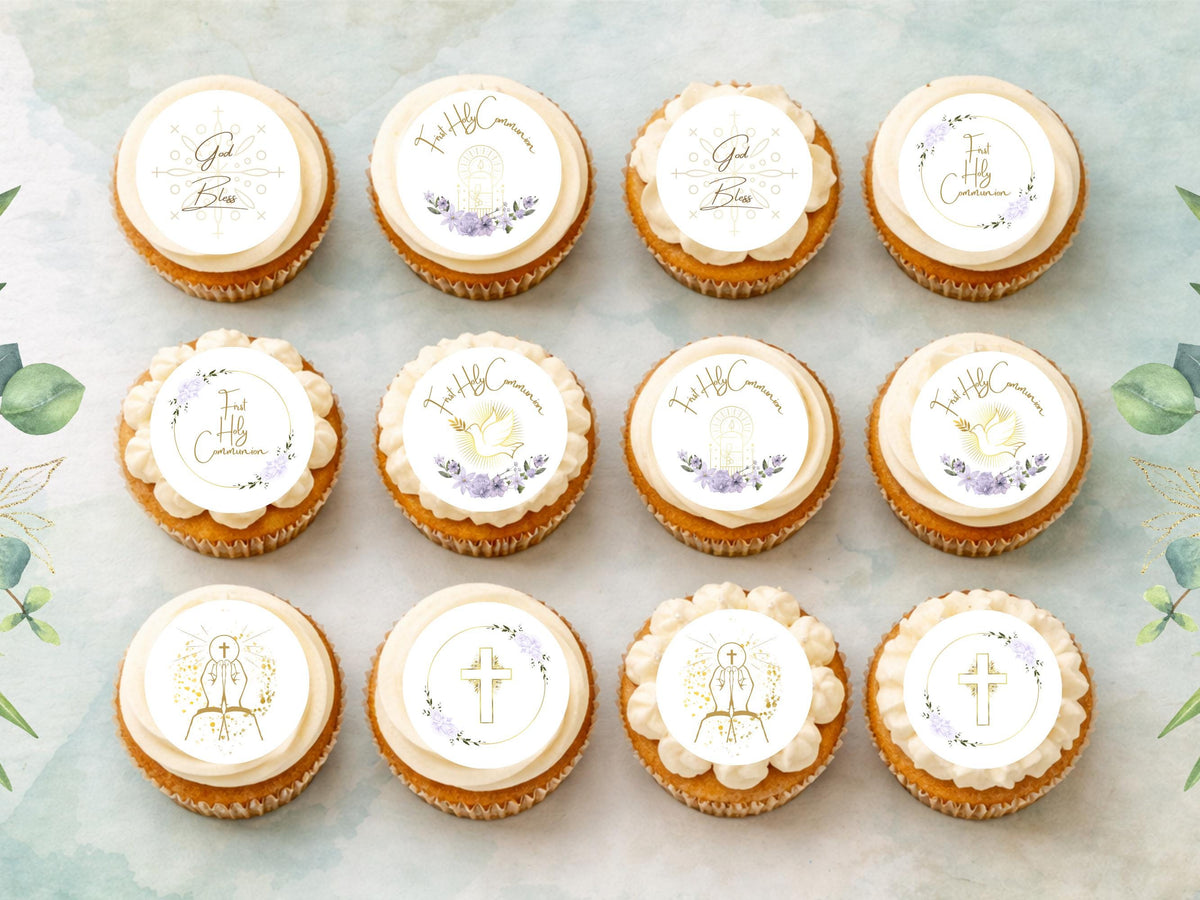 First Holy Communion Edible Cupcake Toppers – Wafer, Card, or Icing