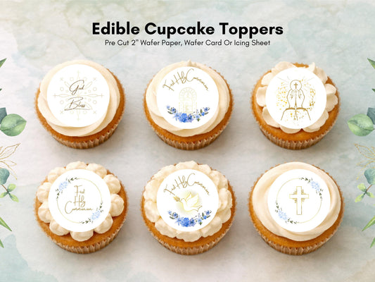 First Holy Communion Edible Cupcake Toppers – Wafer, Card, or Icing