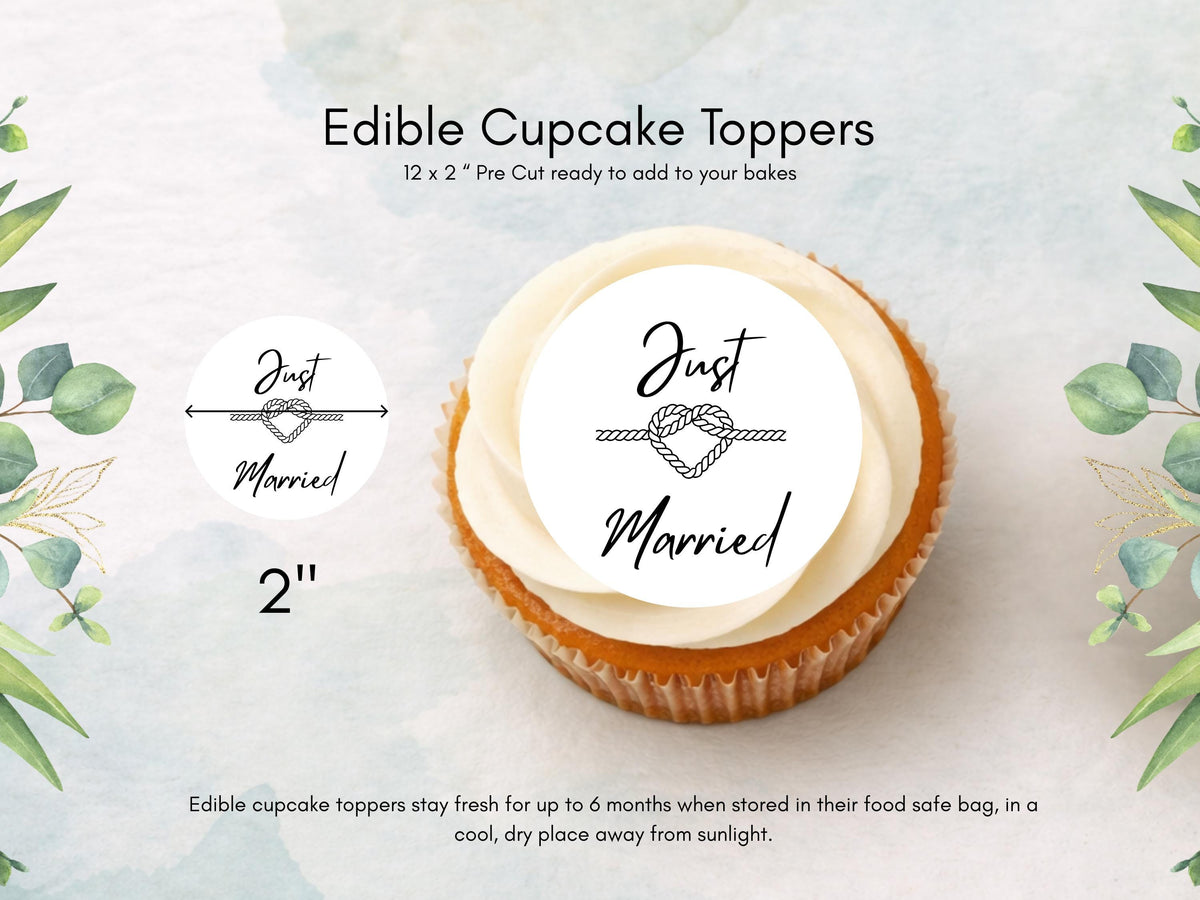 Just Married Edible Cupcake Toppers – 2" Wafer Paper, Card, or Icing