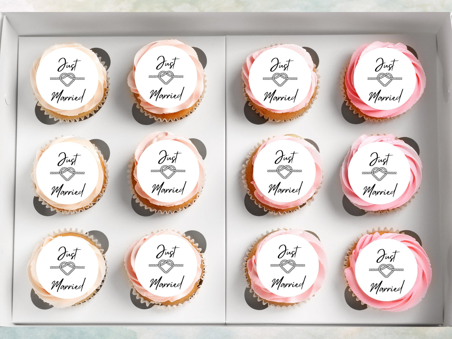 Just Married Edible Cupcake Toppers – 2" Wafer Paper, Card, or Icing