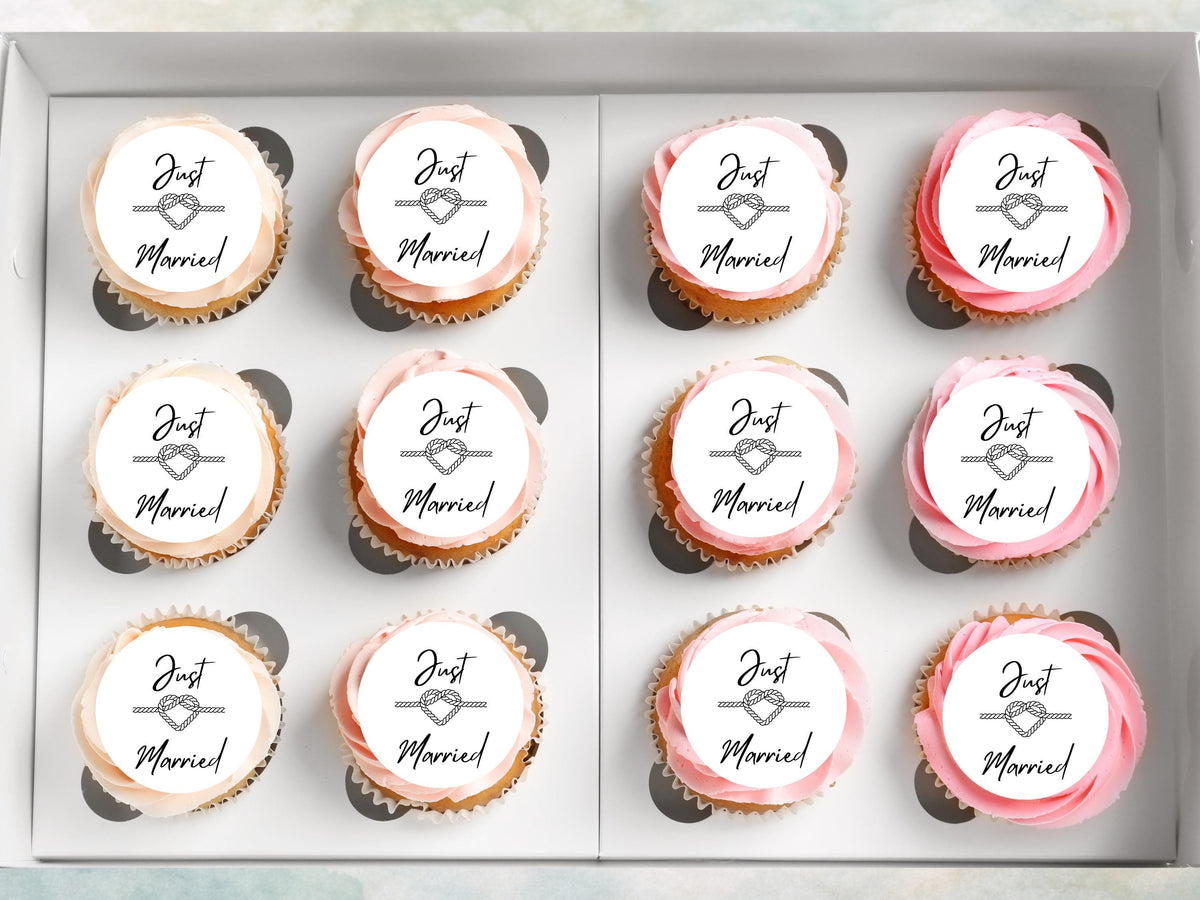 Just Married Edible Cupcake Toppers – 2" Wafer Paper, Card, or Icing