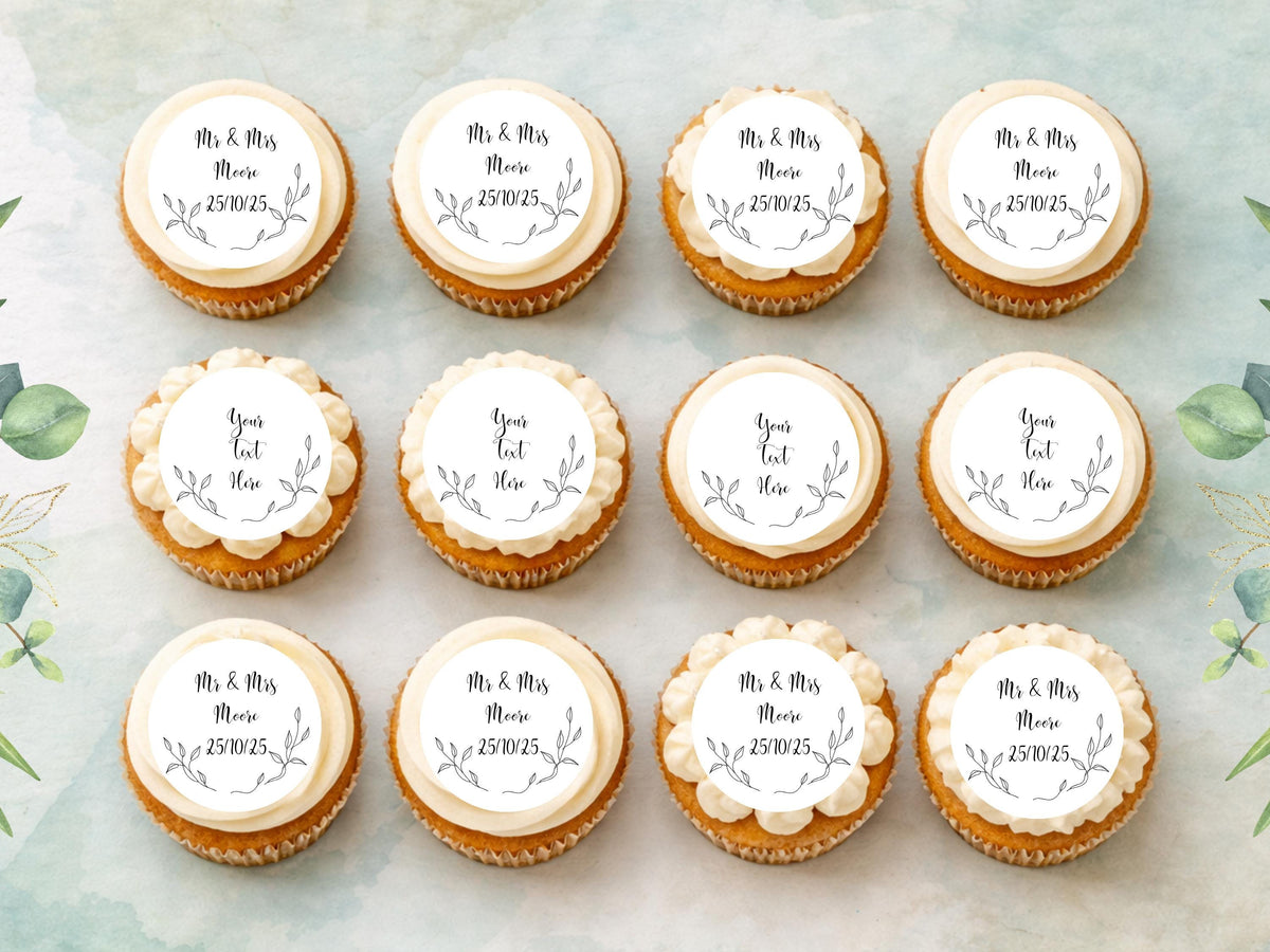 Personalised Edible Cupcake Toppers – Wedding, Birthday 12 x 2" (Wafer Paper, Card or Icing Sheet)