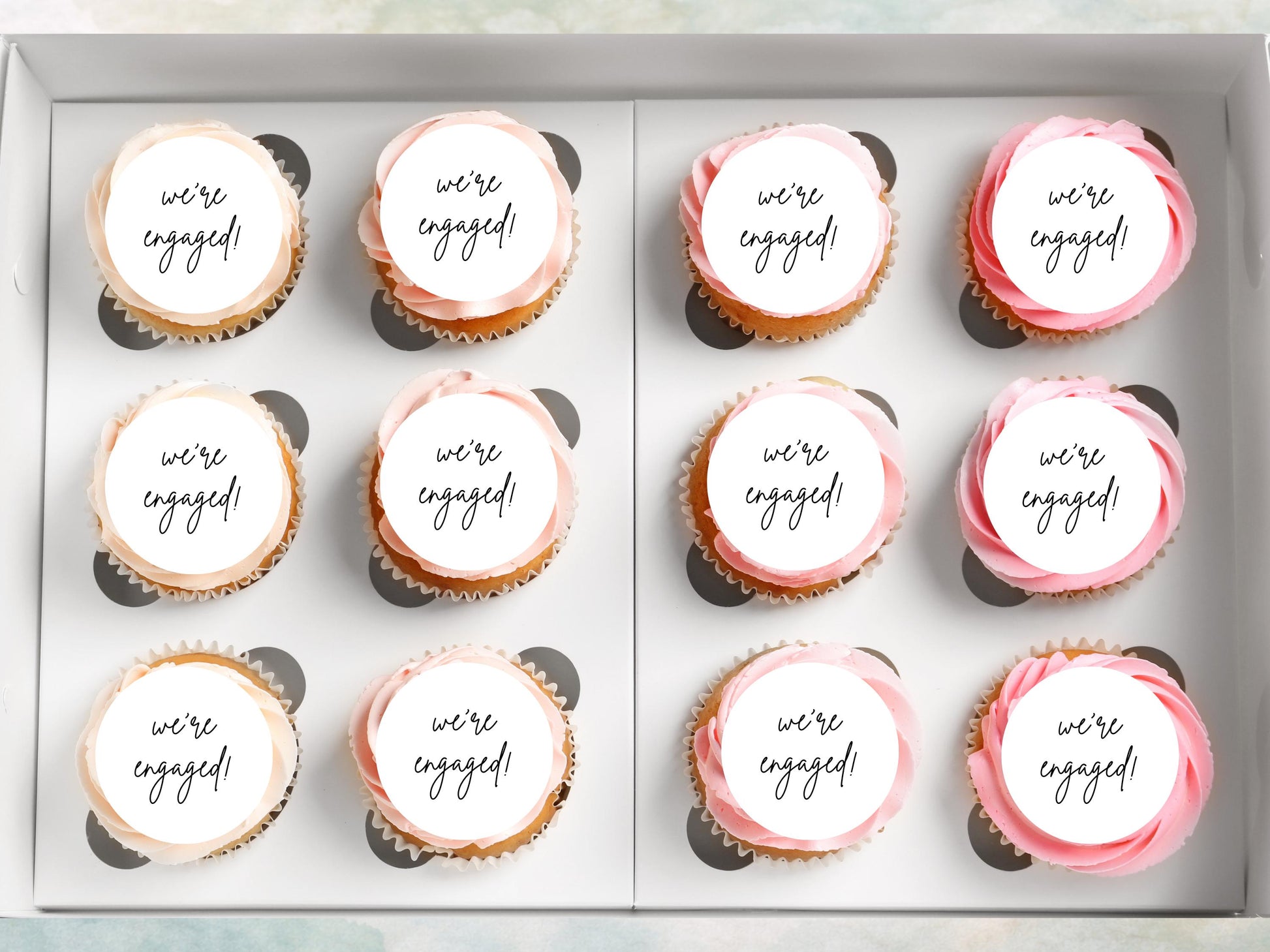We're Engaged Edible Cupcake Toppers – Precut Wafer Paper, Card, or Icing