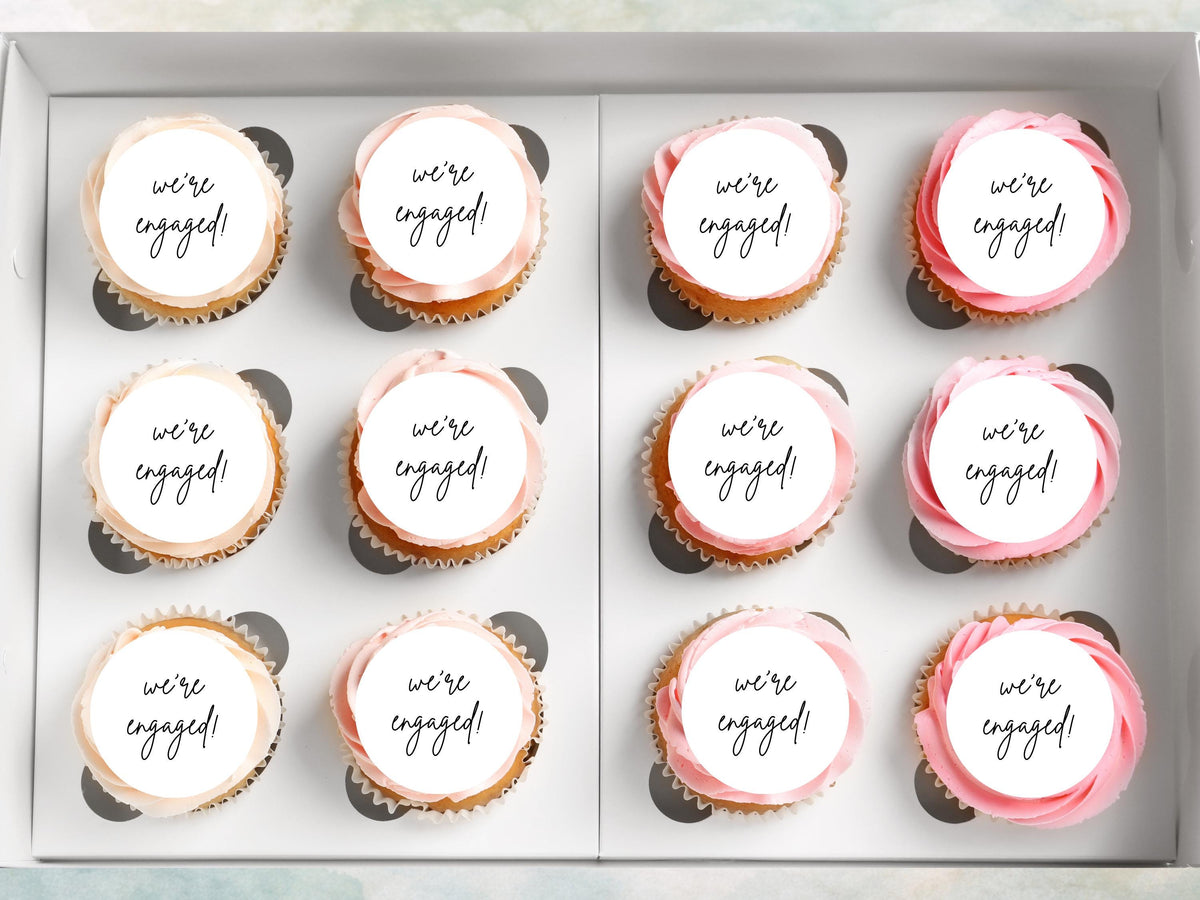 We're Engaged Edible Cupcake Toppers – (12 x 2" Pre-Cut) Wafer Paper, Card, or Icing