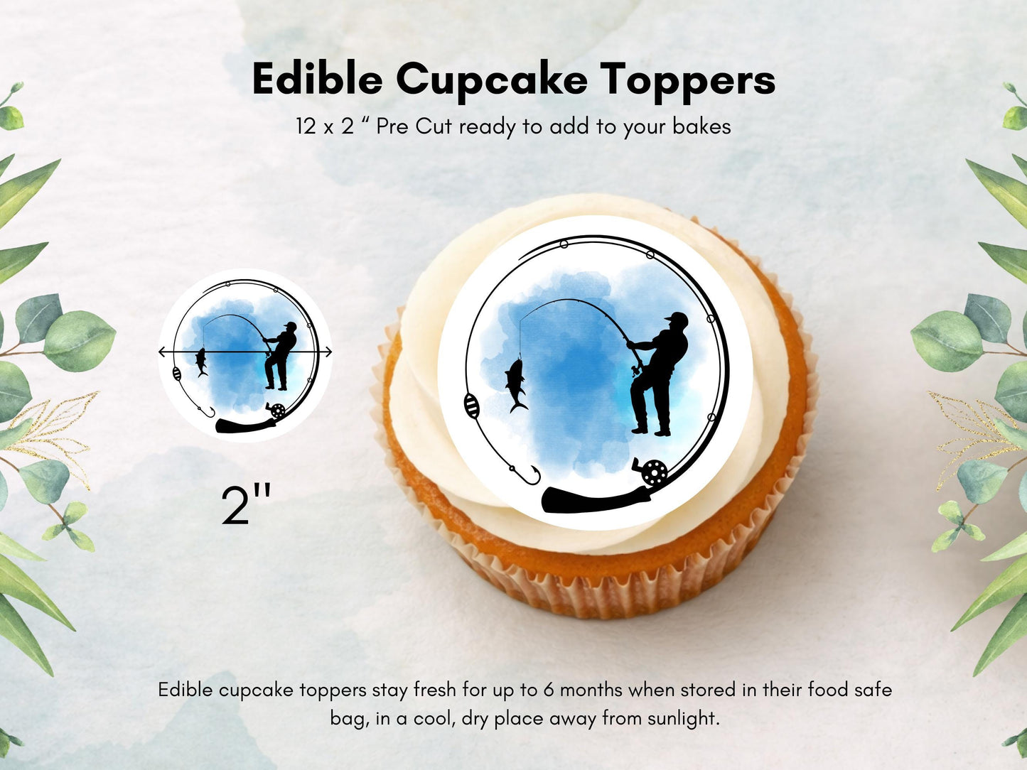 Fishing Themed Edible Cupcake Toppers 12 x 2" – Pre cut Wafer Paper, Card or Icing Sheet