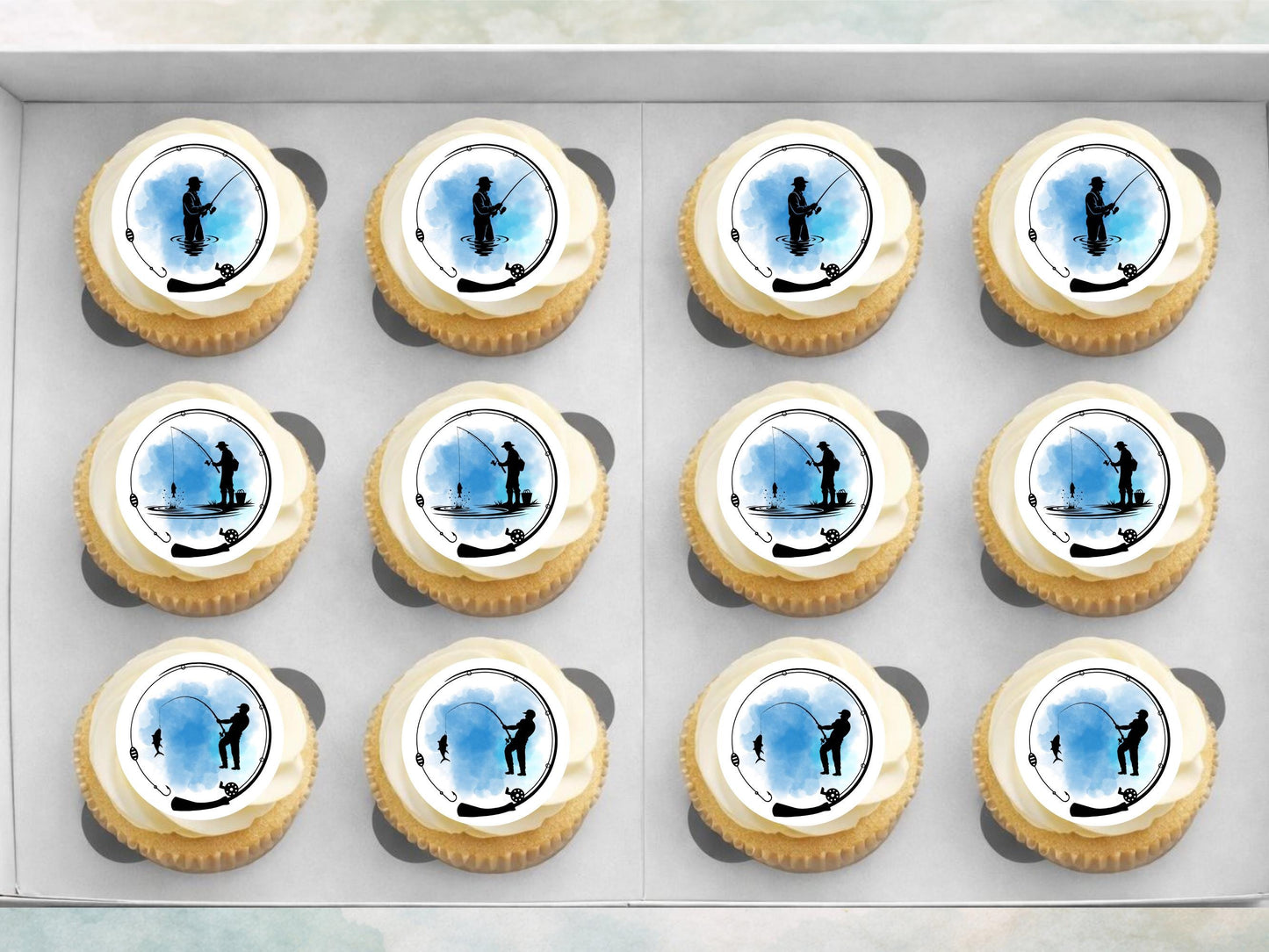 Fishing Themed Edible Cupcake Toppers 12 x 2" – Pre cut Wafer Paper, Card or Icing Sheet