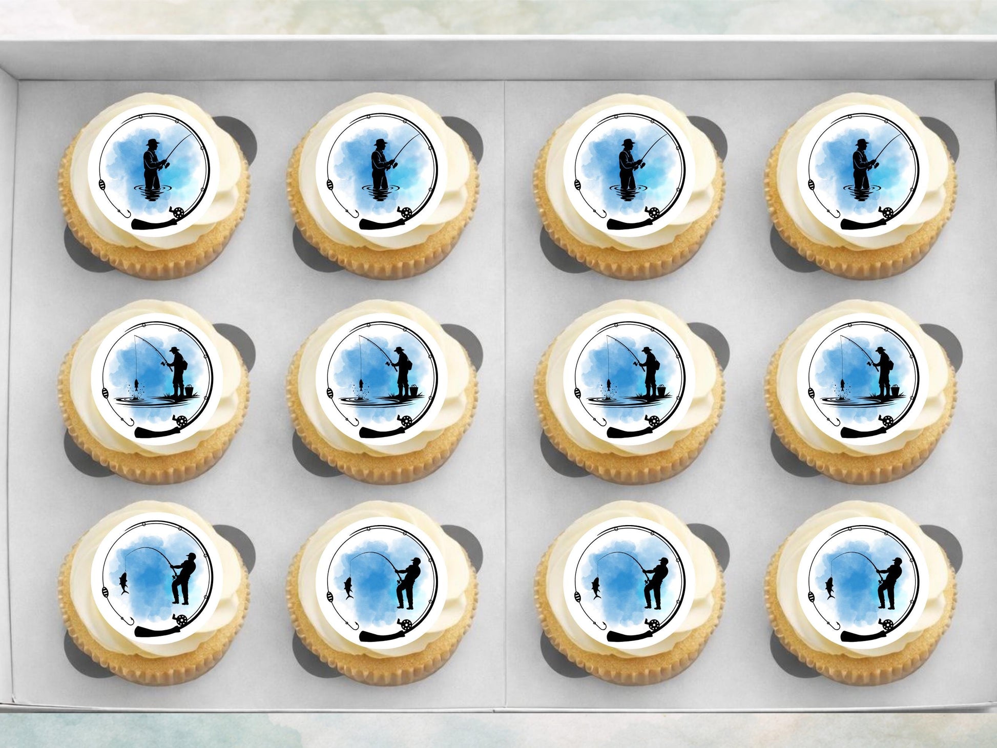 Fishing Themed Edible Cupcake Toppers 12 x 2" – Pre cut Wafer Paper, Card or Icing Sheet