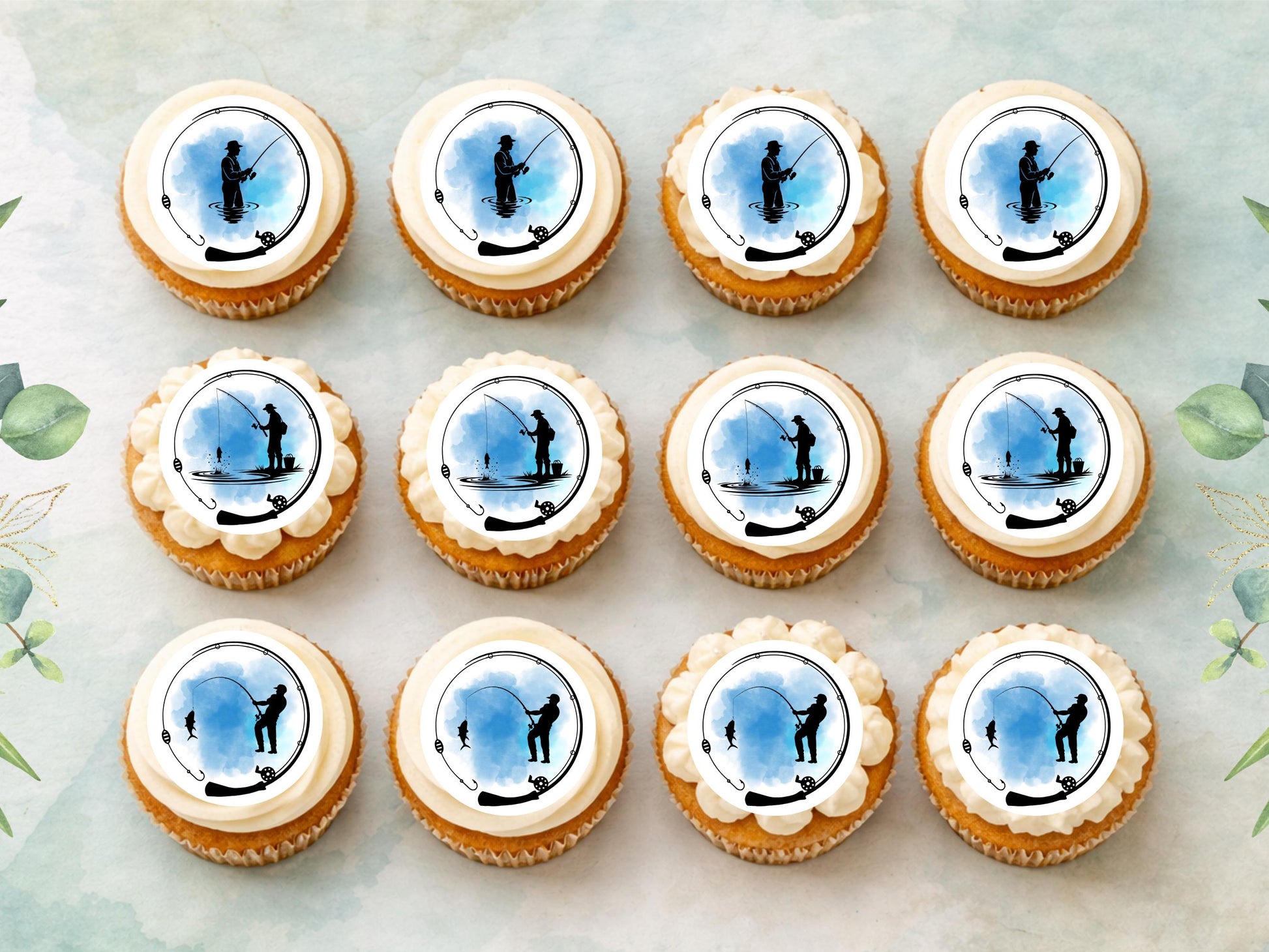 Fishing Themed Edible Cupcake Toppers 12 x 2" – Pre cut Wafer Paper, Card or Icing Sheet