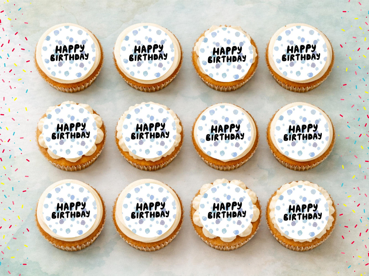 Polka Dot Happy Birthday Edible Cupcake Toppers – Blue Cake Decorations