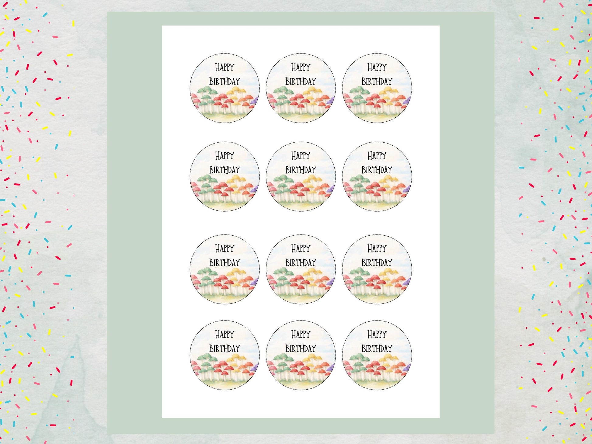 Mushroom Happy Birthday Edible Cupcake Toppers, Birthday Cake Decorations