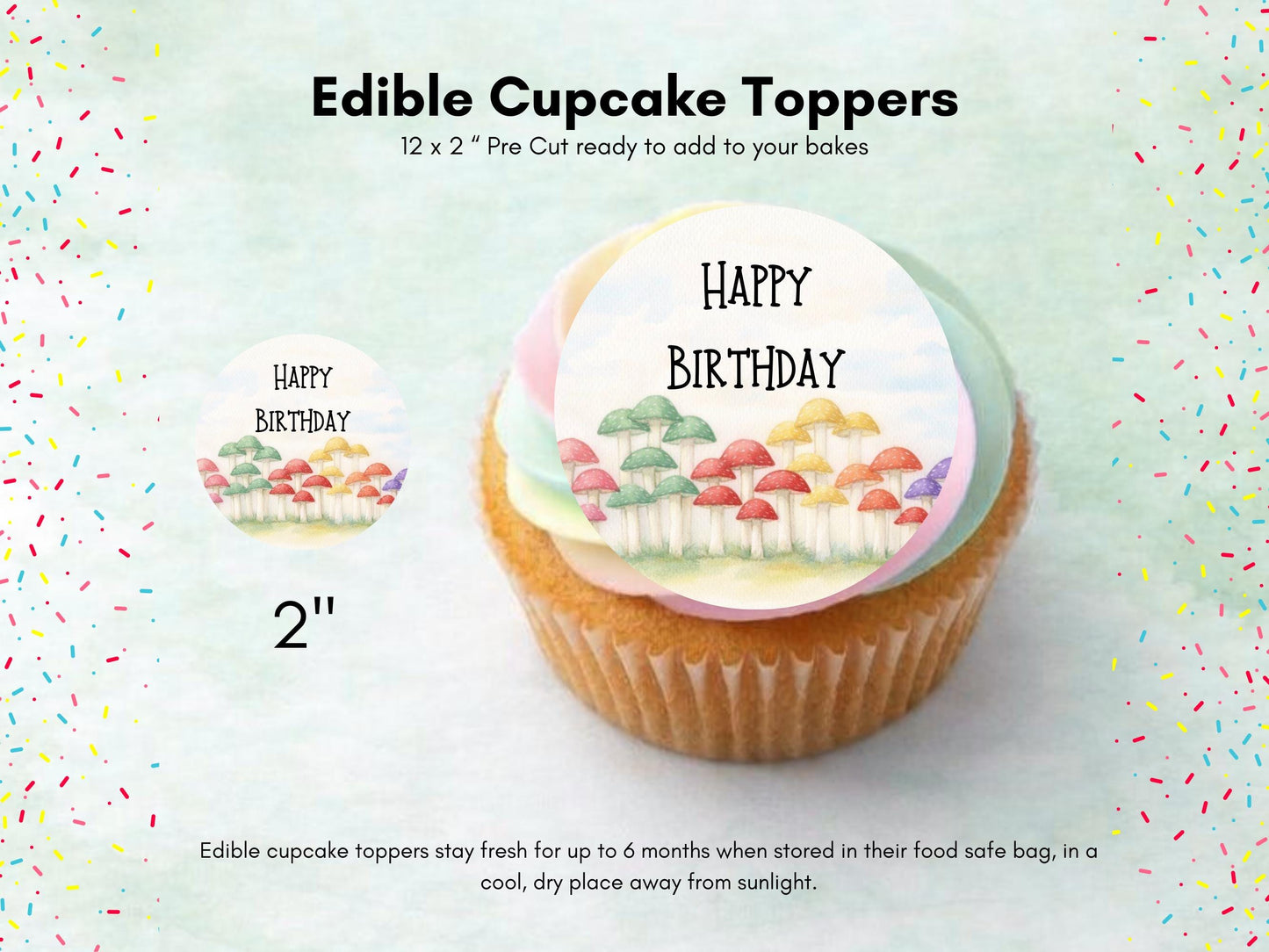 Mushroom Happy Birthday Edible Cupcake Toppers, Birthday Cake Decorations