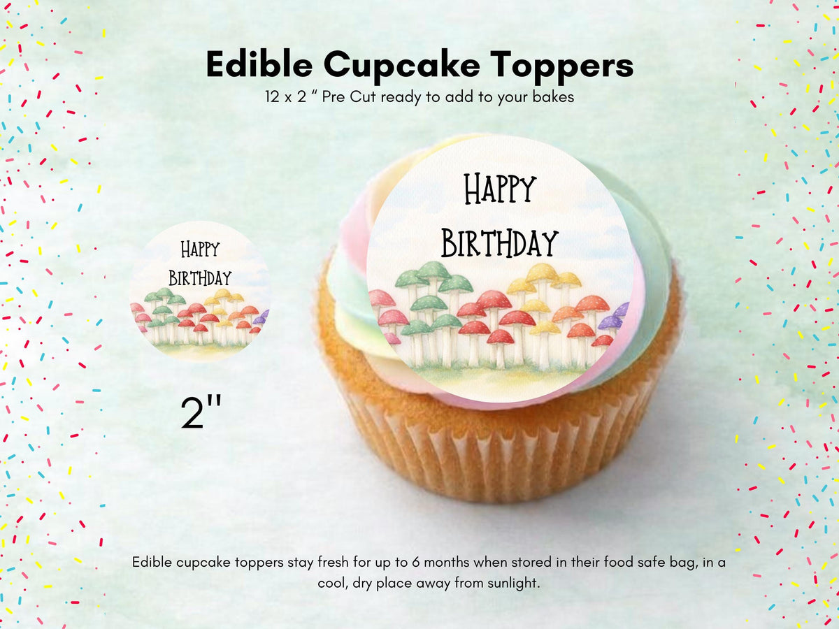 Mushroom Happy Birthday Edible Cupcake Toppers, Birthday Cake Decorations