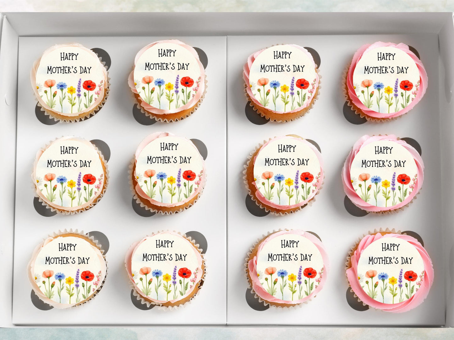 Happy Mother's Day Floral Cupcake Toppers: Edible Wafer Paper Decorations