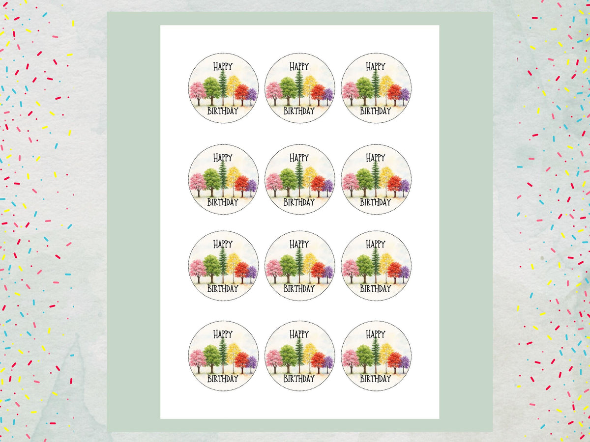 Tree Design Happy Birthday Edible Cupcake Toppers, Birthday Cake Decorations