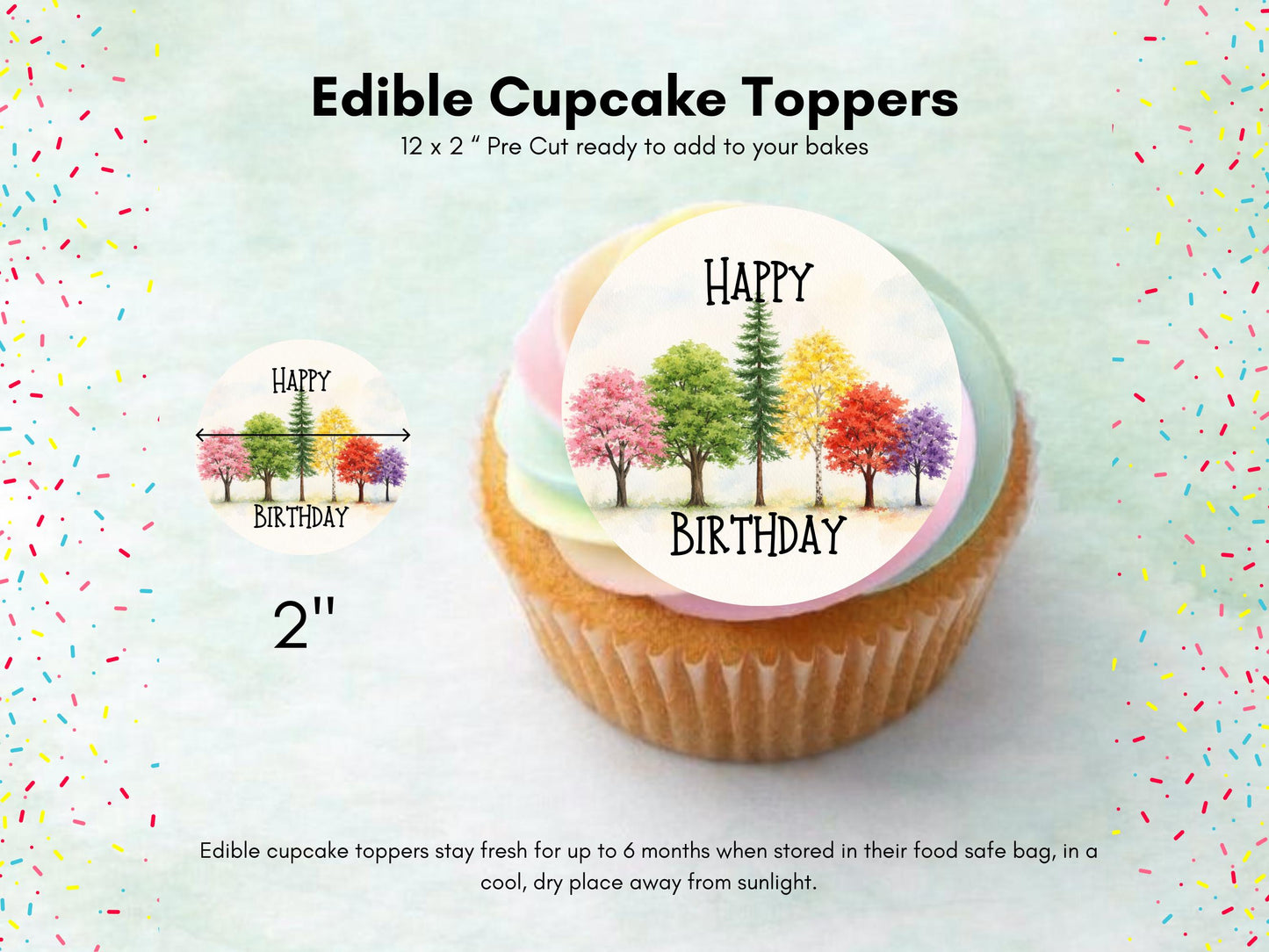 Tree Design Happy Birthday Edible Cupcake Toppers, Birthday Cake Decorations