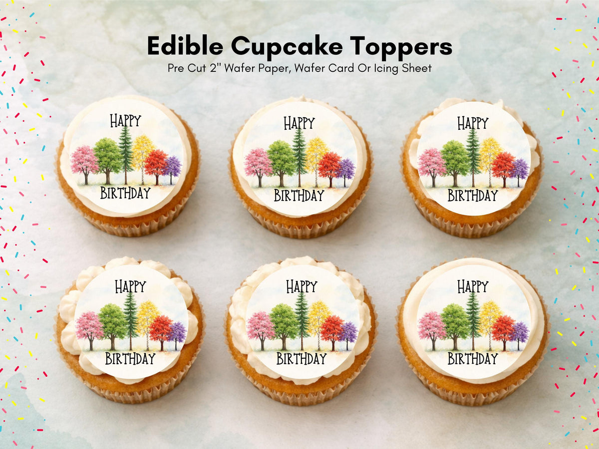 Tree Design Happy Birthday Edible Cupcake Toppers, Birthday Cake Decorations