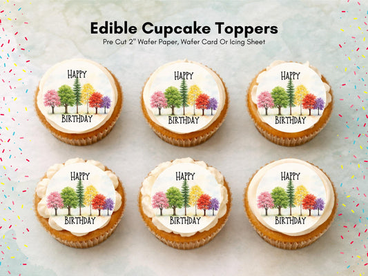 Tree Design Happy Birthday Edible Cupcake Toppers, Birthday Cake Decorations