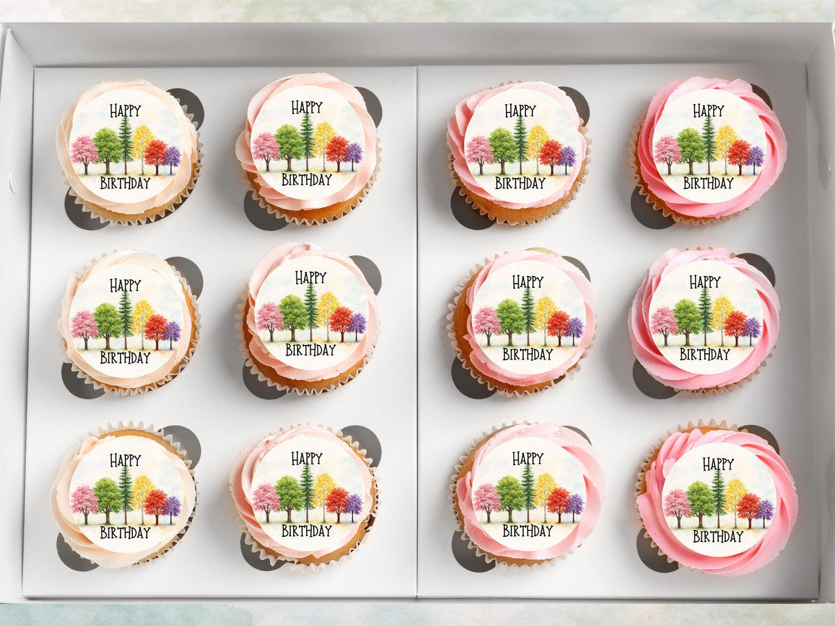 Tree Design Happy Birthday Edible Cupcake Toppers, Birthday Cake Decorations