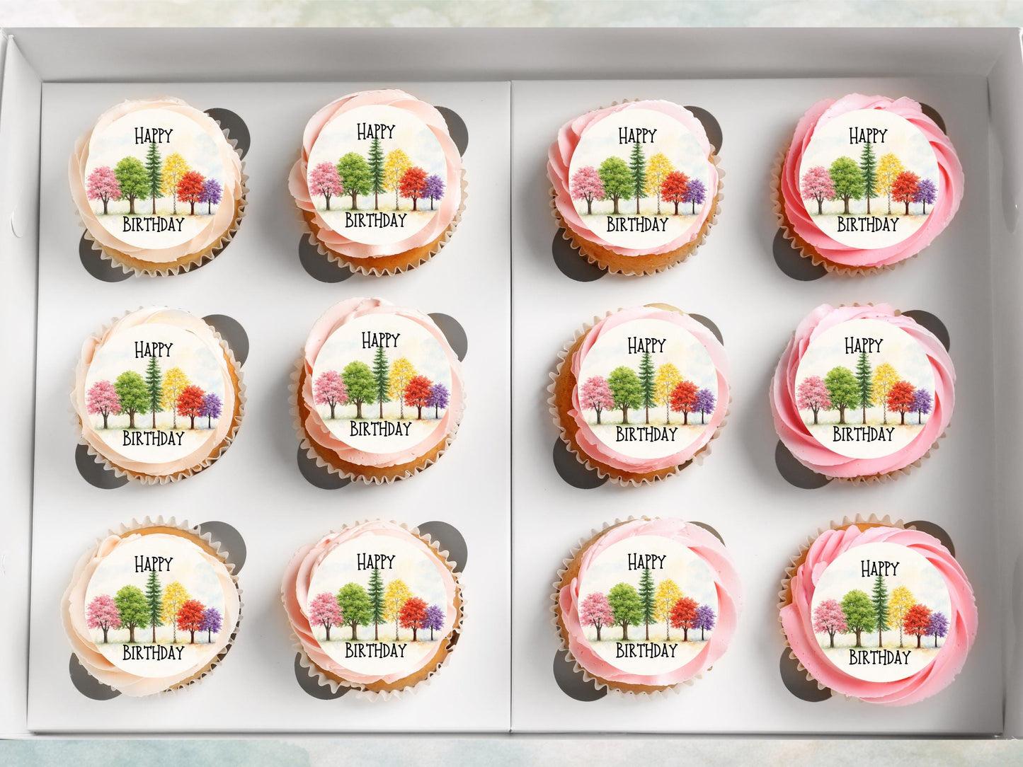 Tree Design Happy Birthday Edible Cupcake Toppers, Birthday Cake Decorations