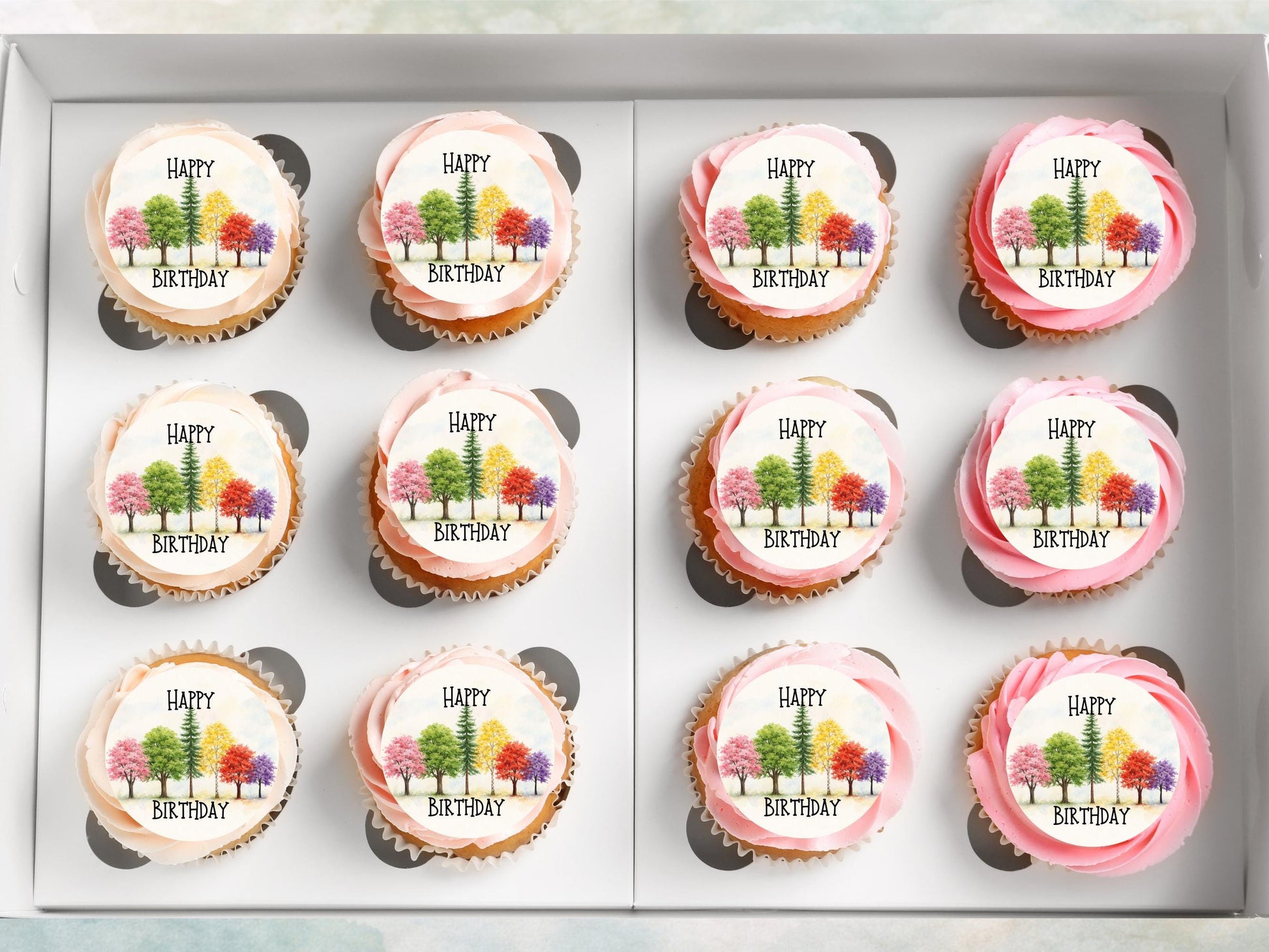 Tree Design Happy Birthday Edible Cupcake Toppers, Birthday Cake Decorations