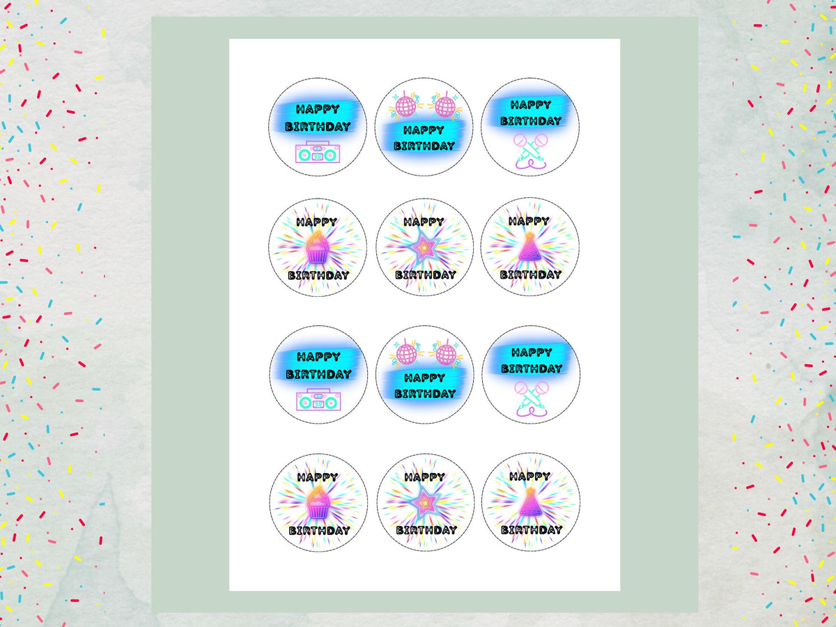 Disco Themed Happy Birthday Edible Cupcake Toppers – Retro Cake Decorations