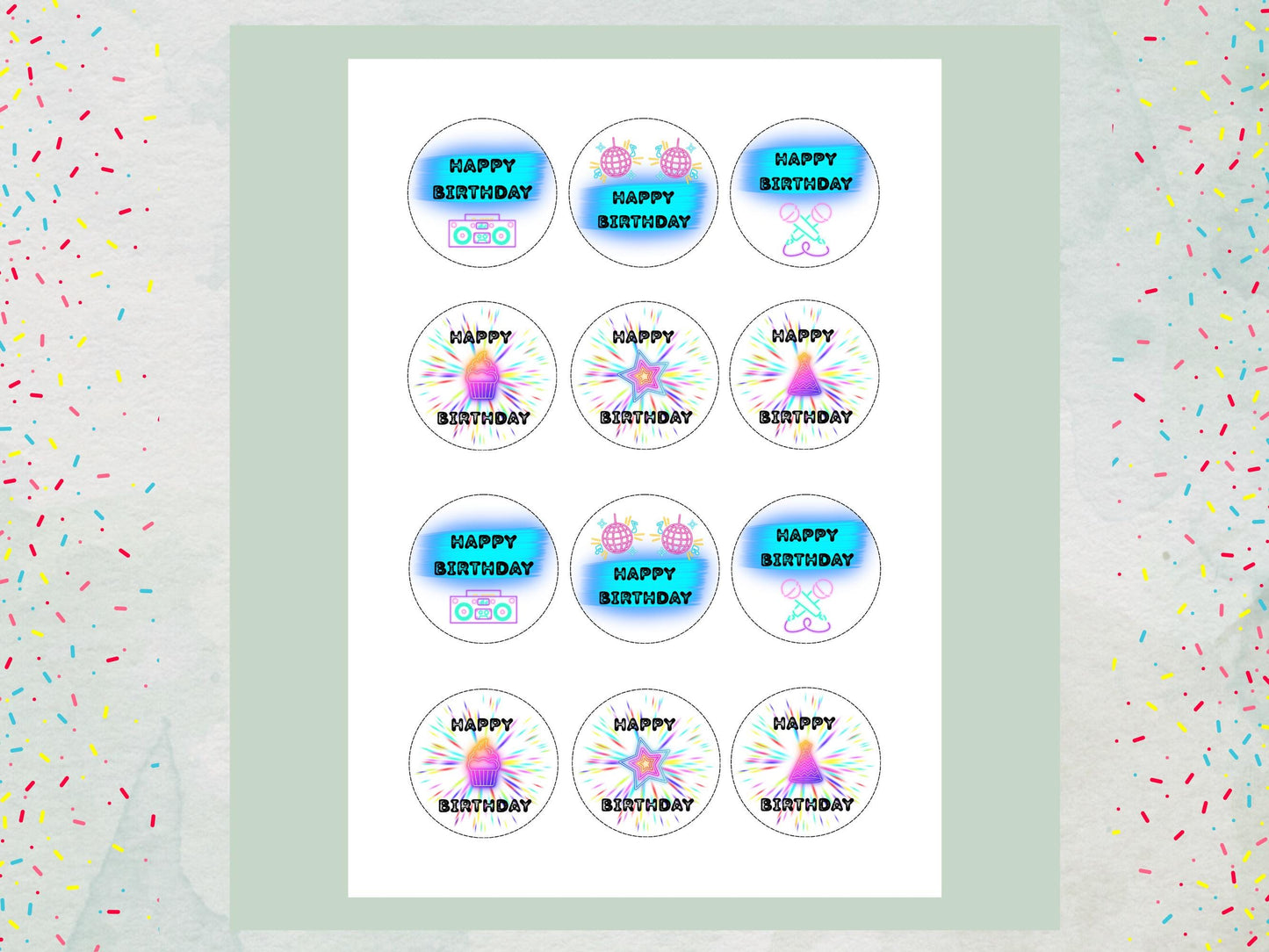 Disco Themed Happy Birthday Edible Cupcake Toppers – Retro Cake Decorations