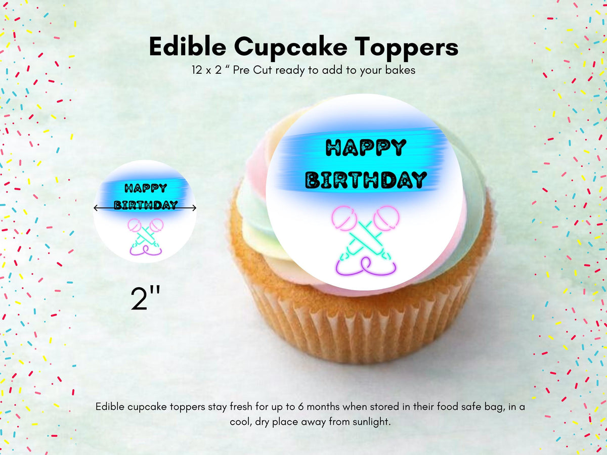 Disco Themed Happy Birthday Edible Cupcake Toppers – Retro Cake Decorations