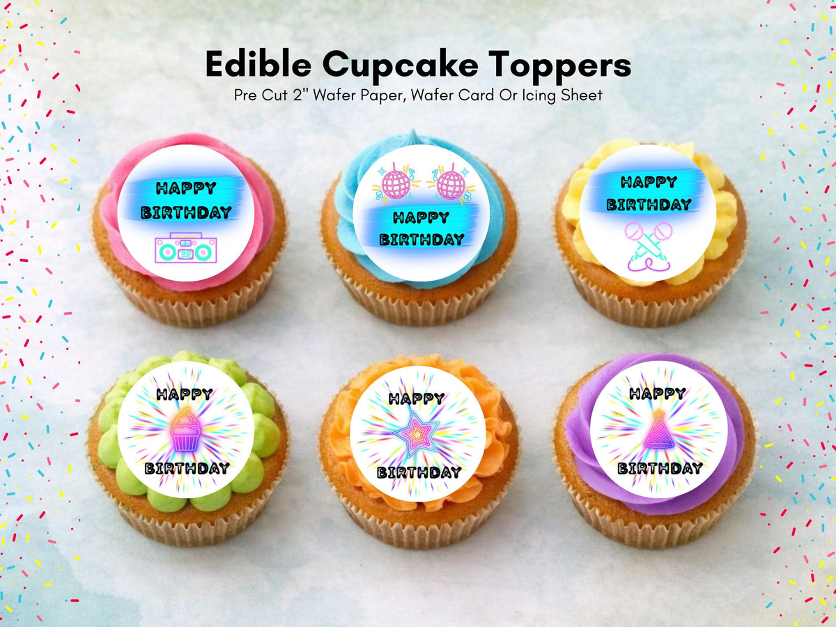 Disco Themed Happy Birthday Edible Cupcake Toppers – Retro Cake Decorations