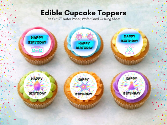 Disco Themed Happy Birthday Edible Cupcake Toppers – Retro Cake Decorations
