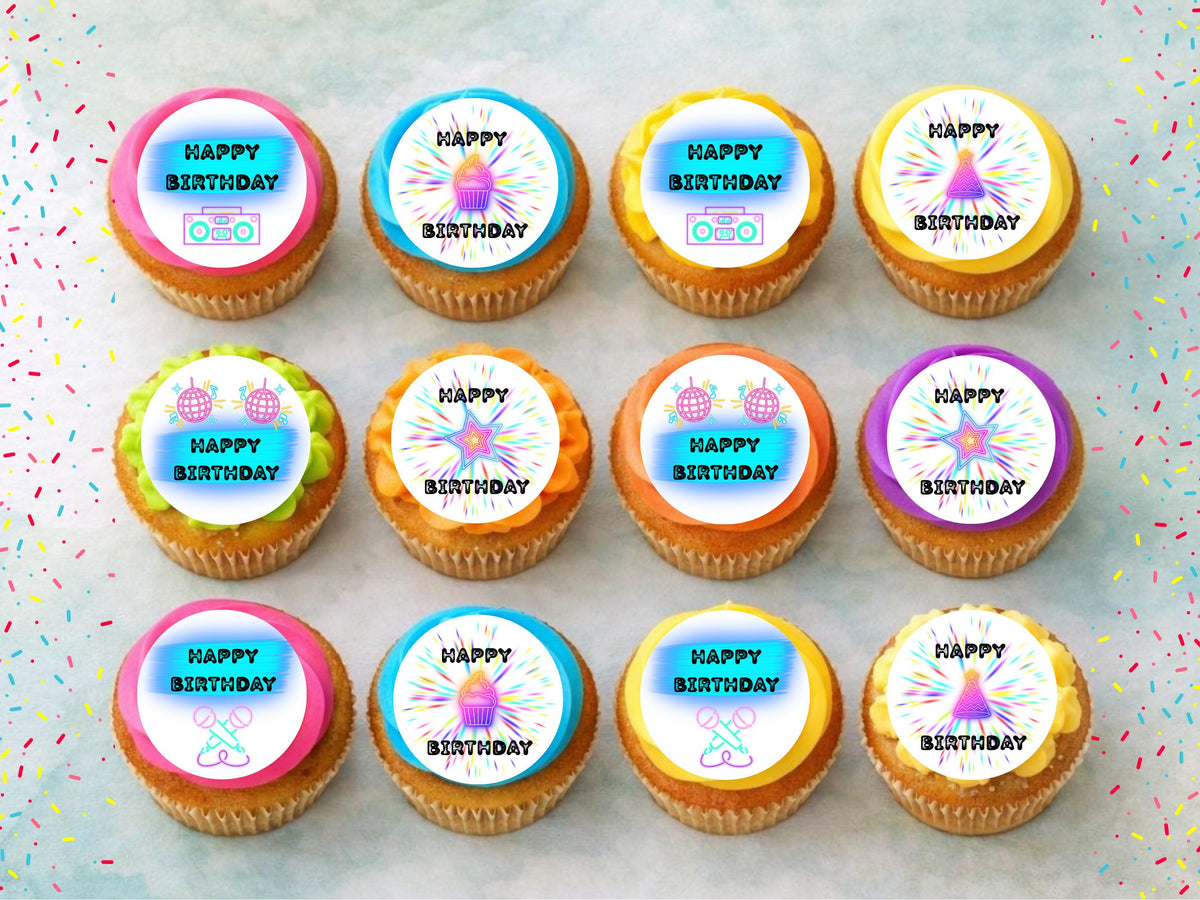 Disco Themed Happy Birthday Edible Cupcake Toppers – Retro Cake Decorations
