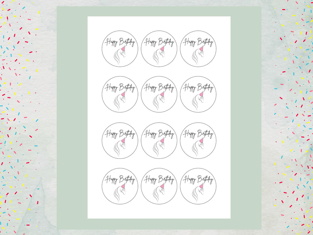 Horse Happy Birthday Edible Cupcake Toppers – 12 x 2" Pony Birthday Cake Decorations