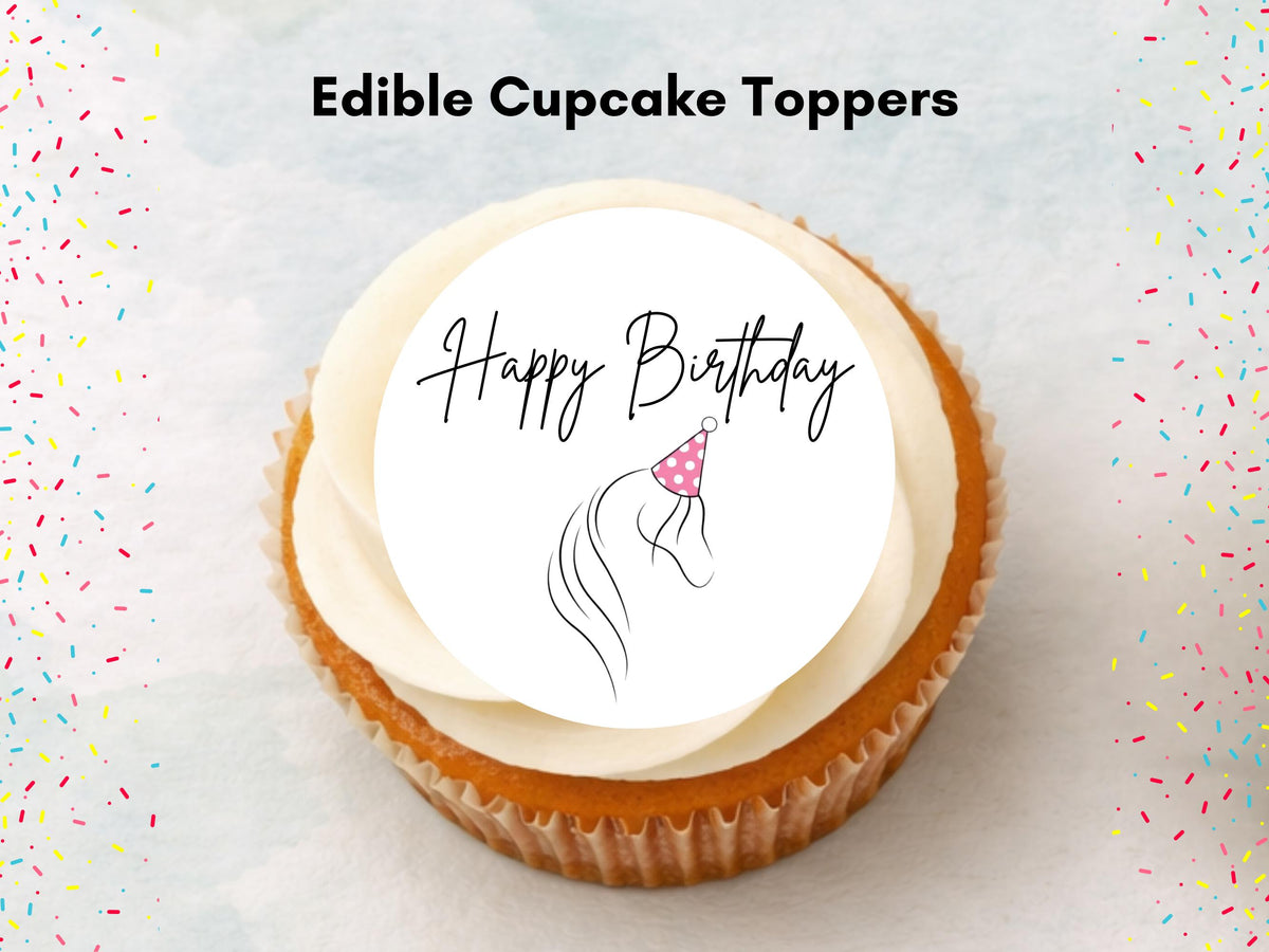 Horse Happy Birthday Edible Cupcake Toppers – 12 x 2" Pony Birthday Cake Decorations