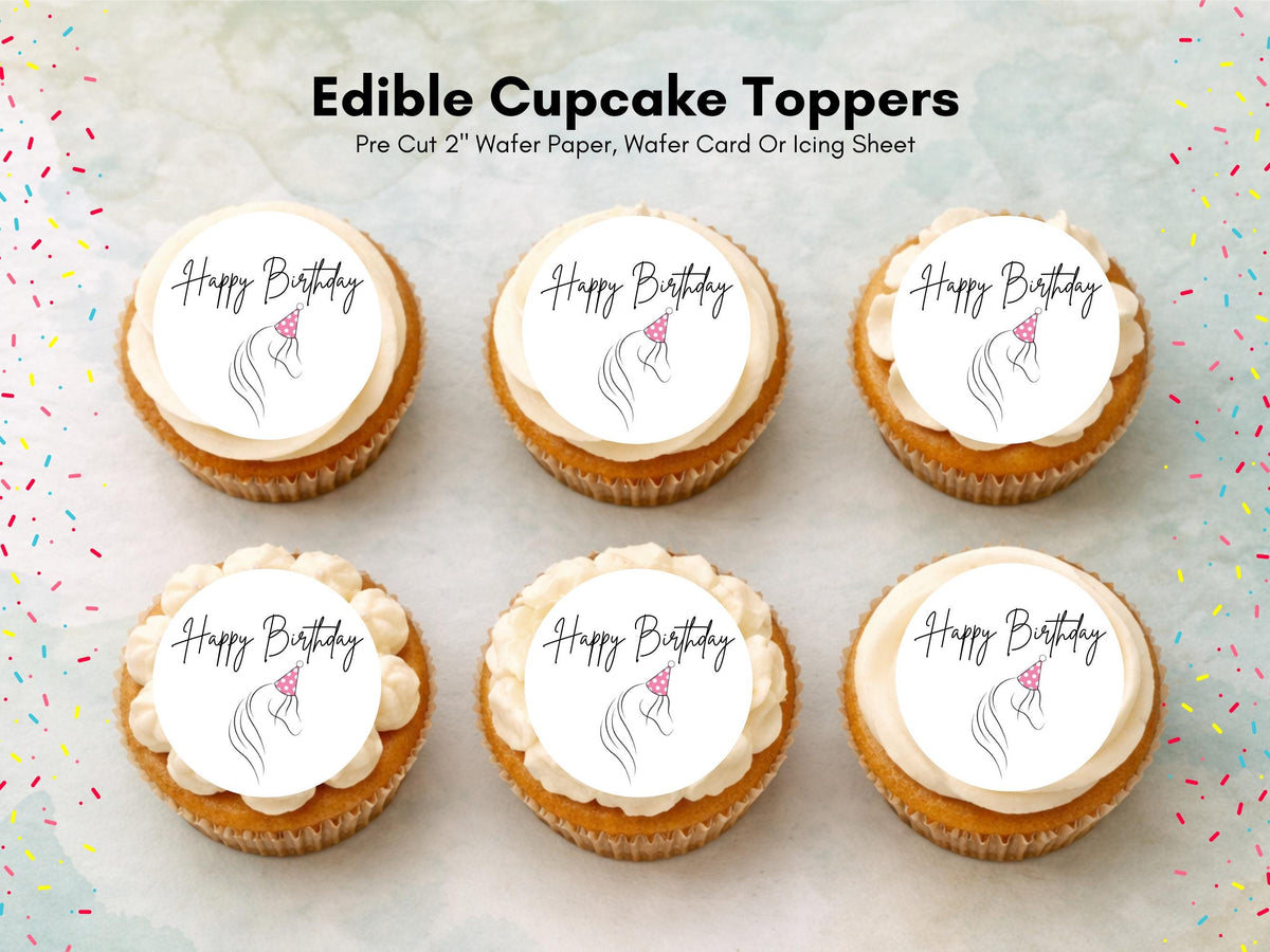 Horse Happy Birthday Edible Cupcake Toppers – 12 x 2" Pony Birthday Cake Decorations