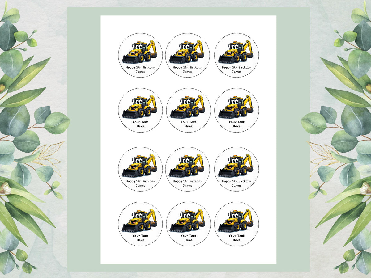 Personalised Digger Edible Cupcake Toppers – Happy Birthday Cake Decoration