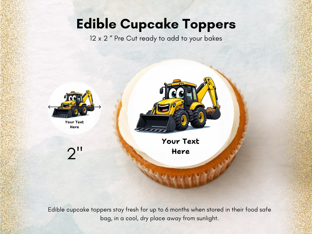Personalised Digger Edible Cupcake Toppers – Happy Birthday Cake Decoration