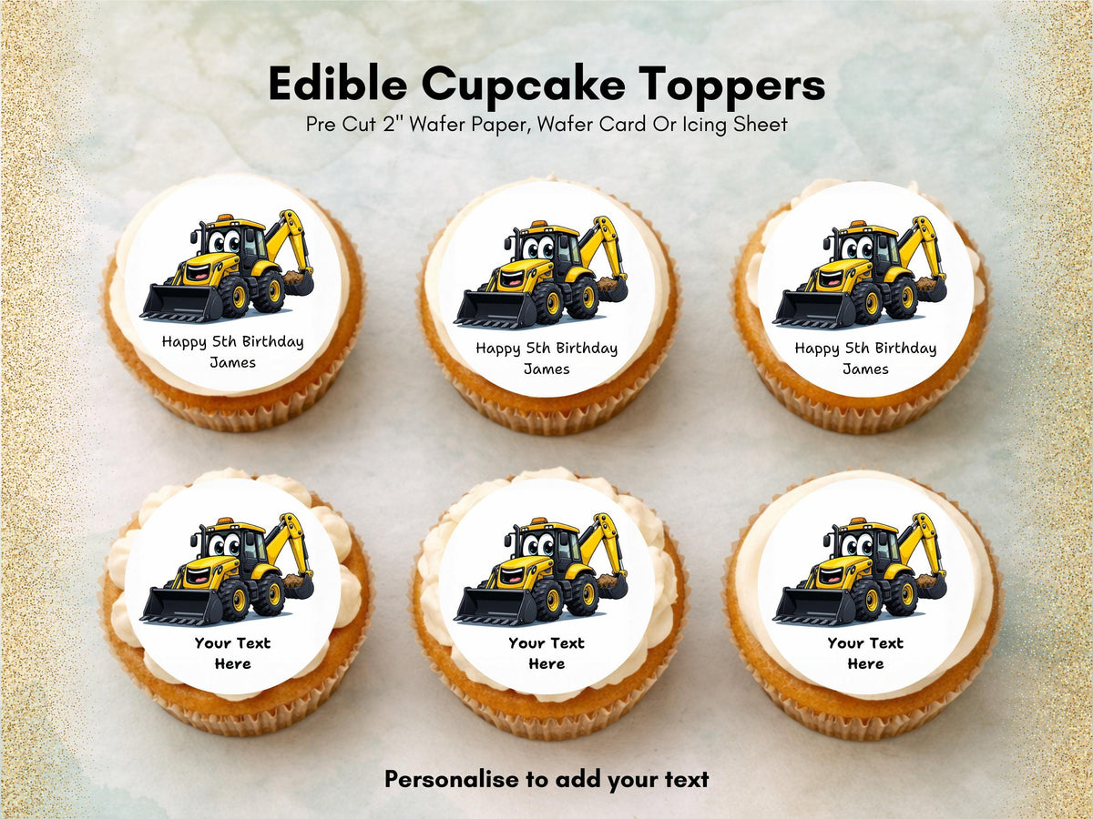 Personalised Digger Edible Cupcake Toppers – Happy Birthday Cake Decoration