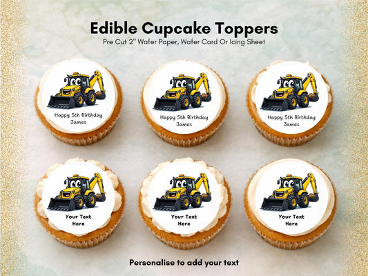 Personalised Digger Edible Cupcake Toppers – Happy Birthday Cake Decoration