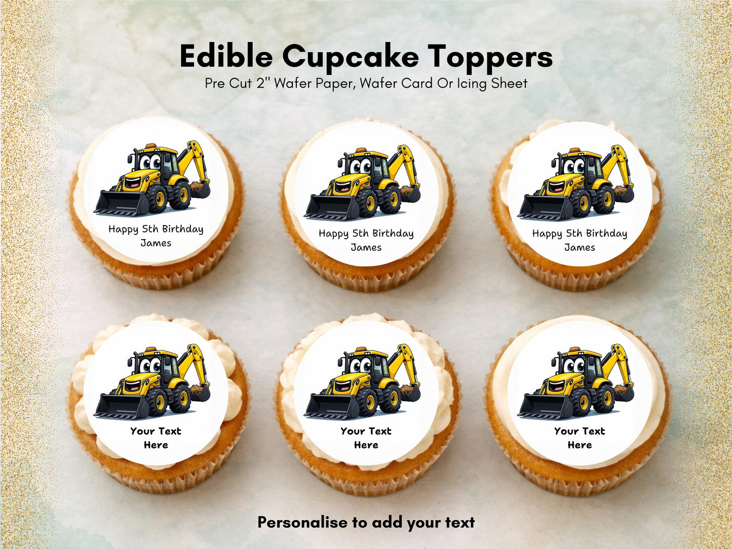 Personalised Digger Edible Cupcake Toppers – Happy Birthday Cake Decoration