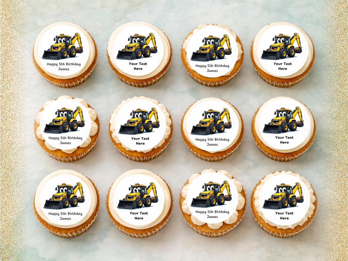 Personalised Digger Edible Cupcake Toppers – Happy Birthday Cake Decoration